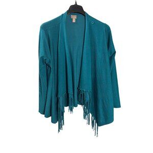 Chicos Teal Open Front Cardigan With Fringe Size 2 (US L) Acrylic Blend